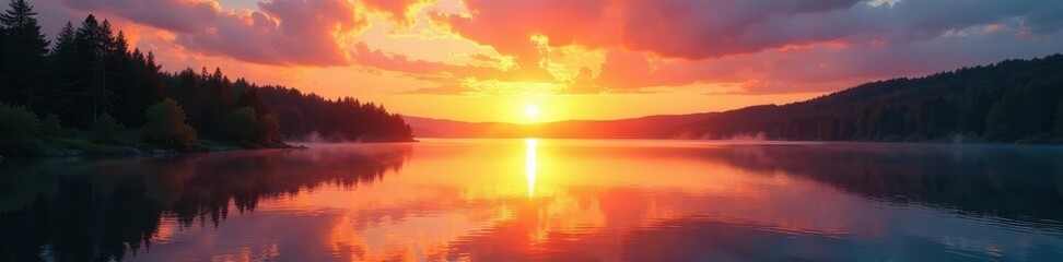 Fototapeta premium Golden sunrise paints lake, sky ablaze with color, landscape, beautiful, photography
