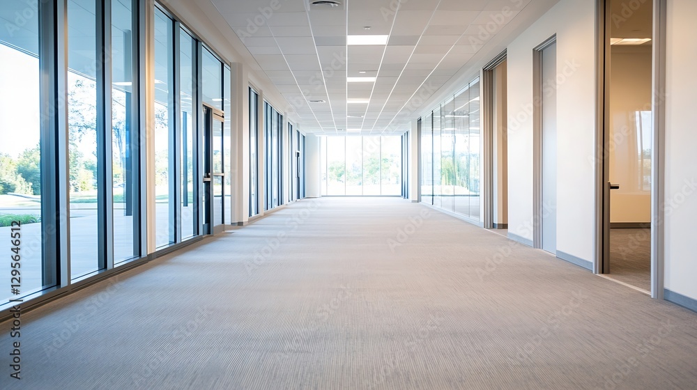 Poster Modern office corridor with large windows allowing natural light to flood in creating an open and inviting workspace : Generative AI
