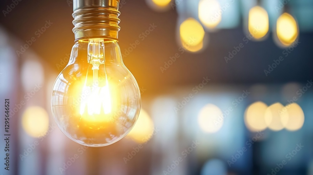 Poster close up view of a glowing light bulb illuminating a modern indoor space showcasing warm ambiance : 
