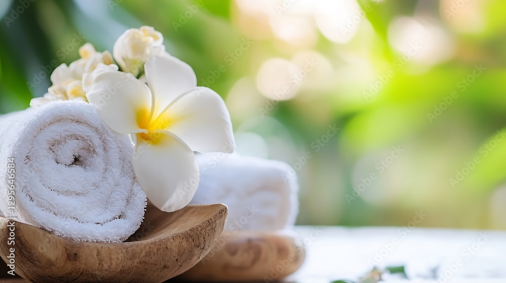 Poster Beautiful fragrant white flower placed on soft rolled towels creating a serene spa atmosphere in nature : Generative AI