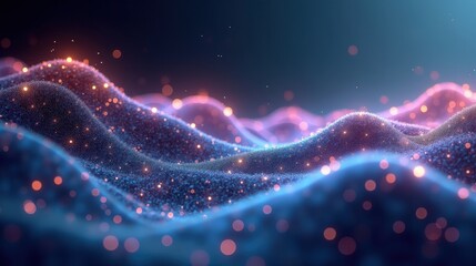 Obraz premium A mysterious expanse of undulating fractal waves, shimmering with spectral hues, particles dissolving into light, a hypnotic visualization of the dual nature of quantum mechanics.