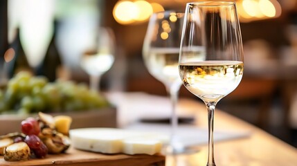 Fototapeta premium Elegant glass of white wine with delicious cheese and grapes on a wooden table : Generative AI