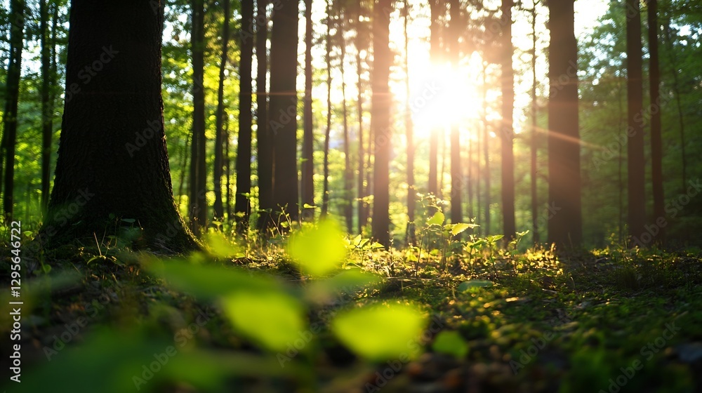 Poster Sunlight filtering through trees illuminating the forest floor in nature's tranquility : Generative AI