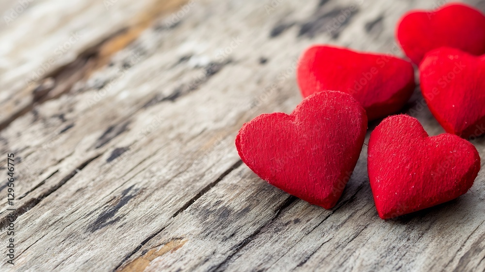 Poster small red heart shapes arranged on rustic wooden surface highlighting love and romance : generative 
