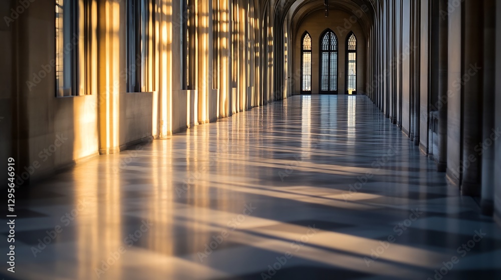Poster Sunlight Streaming Through Arched Windows Creating Patterns on a Polished Floor : Generative AI