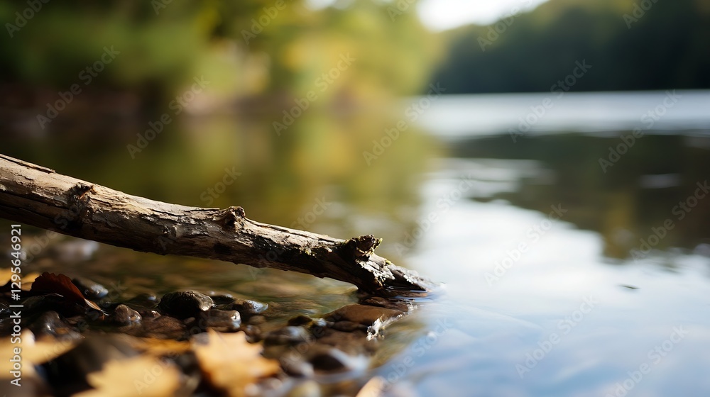 Poster closeup of a tranquil river bank with a stick and vibrant autumn leaves contrasting with clear water