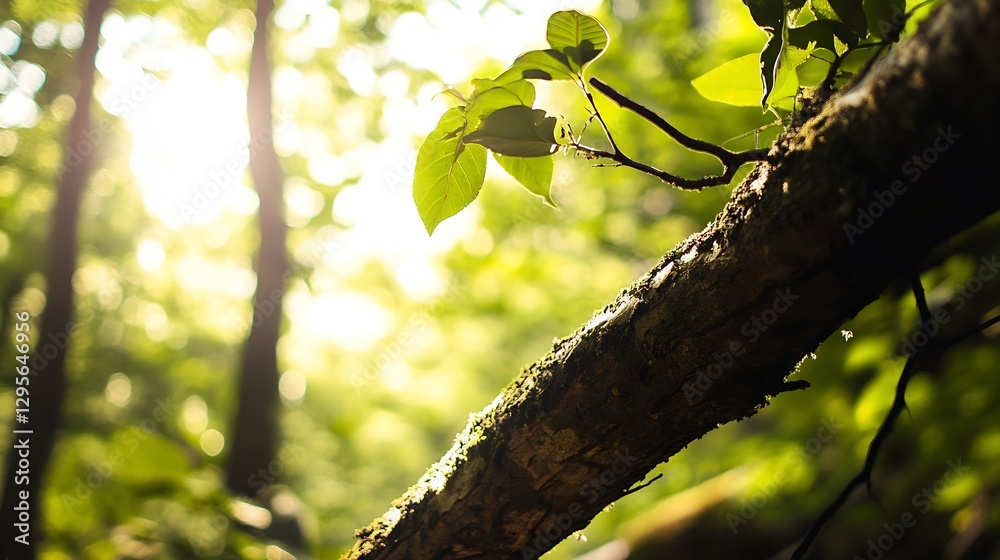 Aufkleber Sunlight Filtering Through Leaves Creates a Serene Atmosphere in a Lush Forest Setting : Generative AI