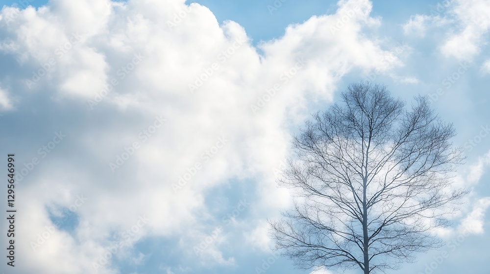 Poster Serene blue sky with soft clouds surrounding a single bare tree standing alone in the open landscape : Generative AI