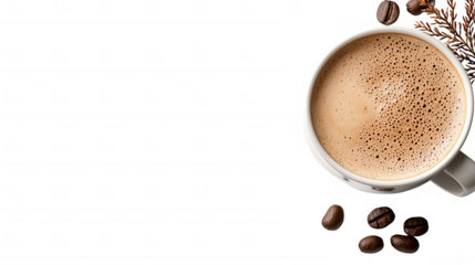 A cup of coffee artfully placed next to coffee beans on a smooth surface highlighting the richness of the brew