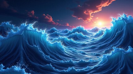 A surreal ocean of gravity waves, shifting fractal patterns bending spacetime, luminous waves cascading into infinity, abstract depiction of quantum gravity's invisible forces.