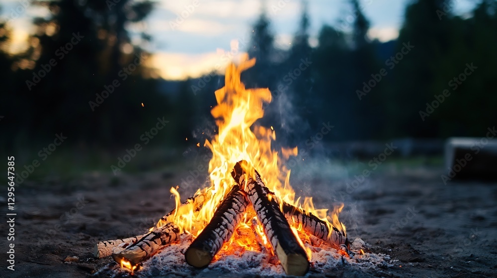 Poster campfire flames dancing in the twilight creating a warm and inviting atmosphere in the wilderness : 