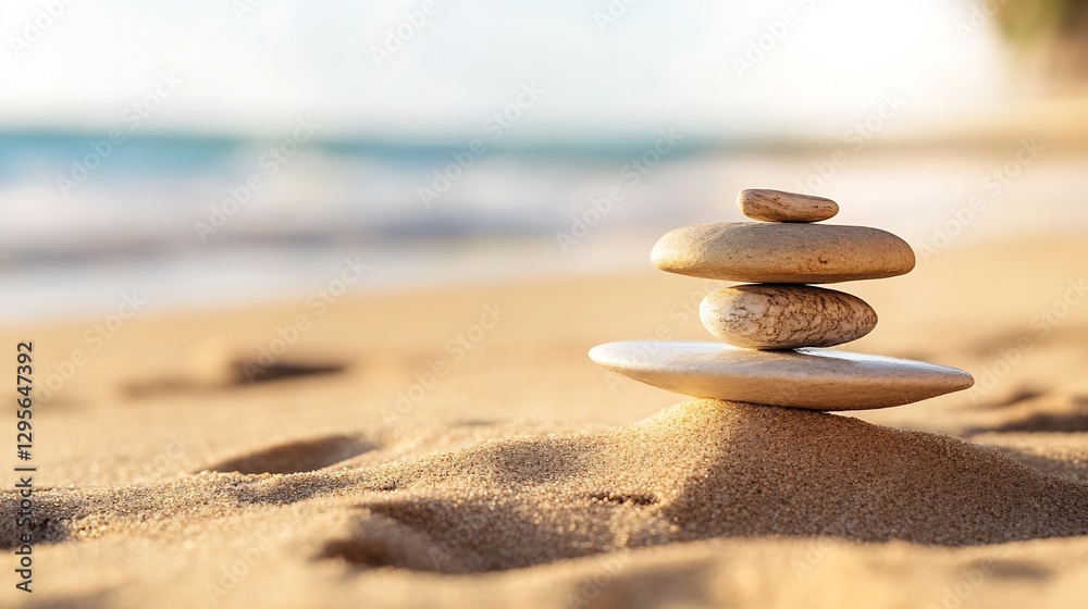 Poster stacked pebbles resting on sandy beach highlighting serenity and balance in nature : generative ai