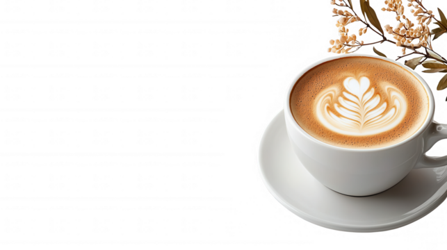 A charming cup of coffee accompanied by a green branch of a plant providing a natural touch to the beverage scene