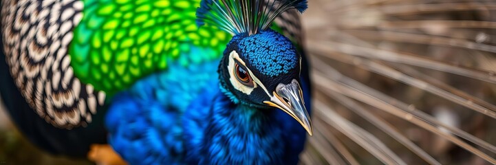 Close up of vibrant peacock feathers in full display, close up, plumage