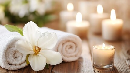 Relaxing Spa Setting with Rolled Towels Candles and White Flower : Generative AI