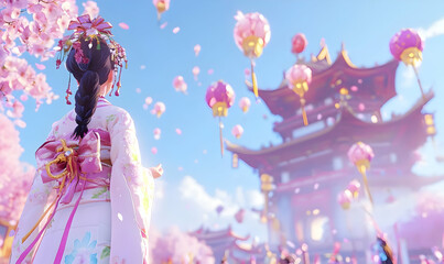 Obraz premium Enchanted Scene with Traditional Dress Under Cherry Blossoms