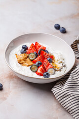 Cottage cheese with berries, peanut butter and honey.