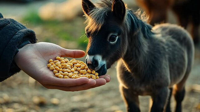 A joyful scene unfolds as a small pony eagerly munches on tasty food offered by a caring hand. Surrounding animals also revel in the delightful moment outdoors.