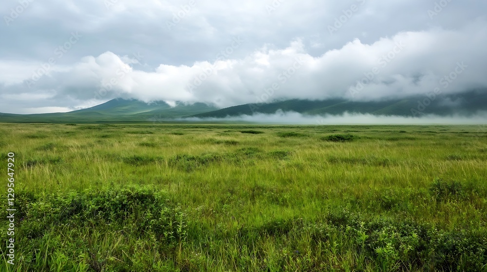 Poster expansive green grassland under a dramatic cloudy sky with rolling hills : generative ai