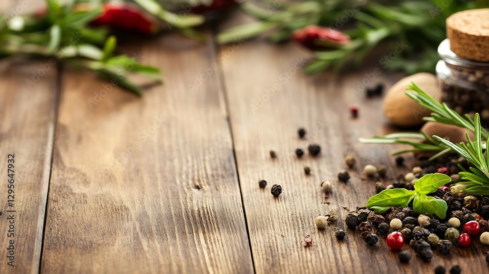 Poster Fresh assorted spices arranged on a rustic wooden table enhancing culinary flavors and aromas : Generative AI