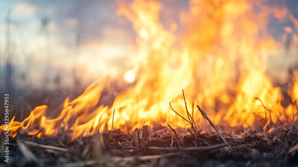 Poster intense blaze of fire with smoldering grass highlighted at twilight : generative ai