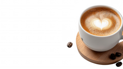 An inviting cup of coffee resting comfortably on a wooden board surrounded by natural elements for a cozy vibe