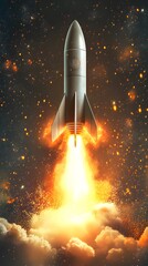 A rocket ship launching into space with fire and smoke effects