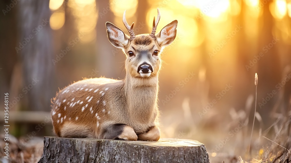 Poster A fawn resting on a tree stump in a sunlit forest with glowing sunlight filtering through the trees : Generative AI