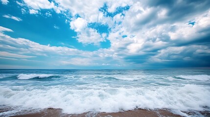Fototapeta premium Vast Ocean Under Dramatic Cloudy Sky Captured in Beautiful Landscape : Generative AI