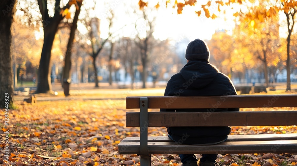 Poster man sitting on a bench in a park surrounded by bright autumn leaves during golden hour : generative 