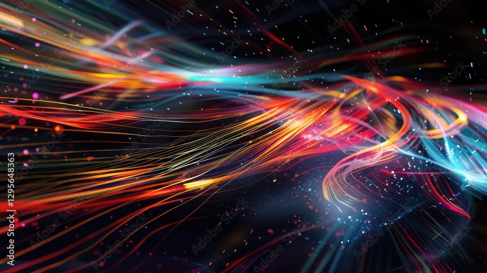 Poster abstract picture micro light sparkling particle represent data flow vivid flowing wave with high tec