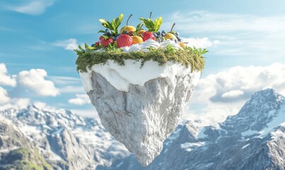 Floating fruit island over snowy mountains, ideal for healthy eating promotions