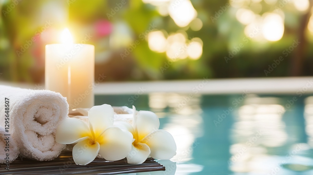 Poster Relaxing Poolside Setup with White Flowers and Soft Towels for Spa Experience : Generative AI