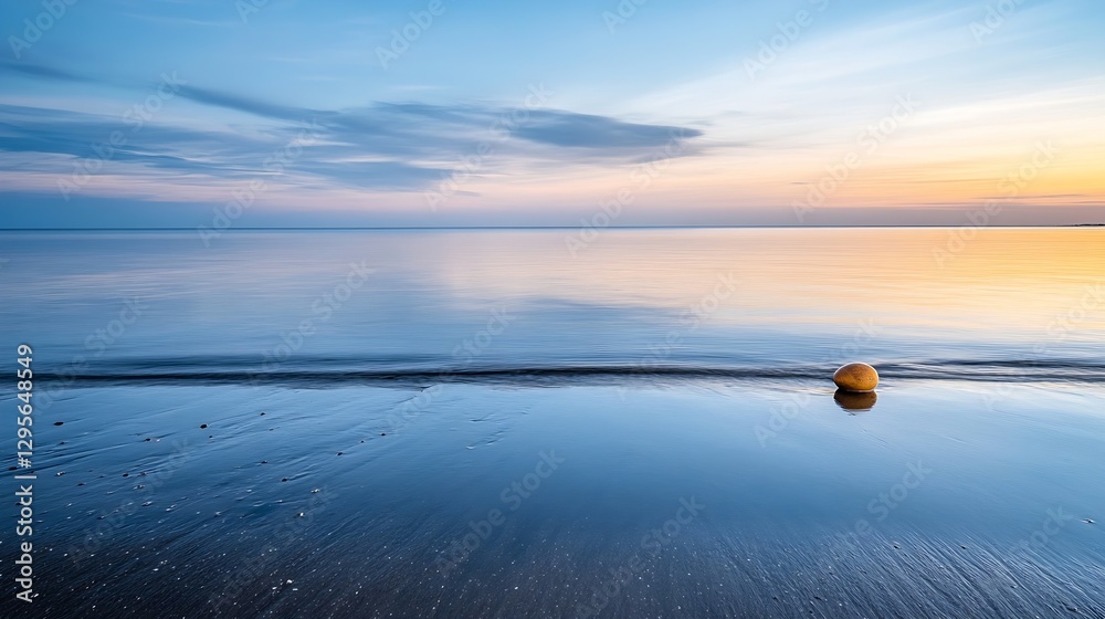 Poster tranquil beach view with calm water reflecting the soft colors of the sunset : generative ai
