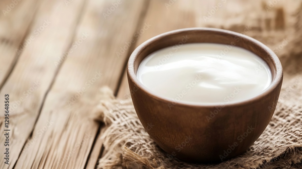 Poster creamy yogurt in a rustic wooden bowl placed on a textured surface with natural lighting : generativ