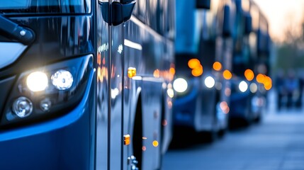 Dramatic closeup of public transportation buses lined up brightly lit against the evening backdrop : Generative AI