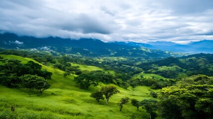 Lush Green Landscape with Rolling Hills and Dramatic Cloudy Sky in Background : Generative AI