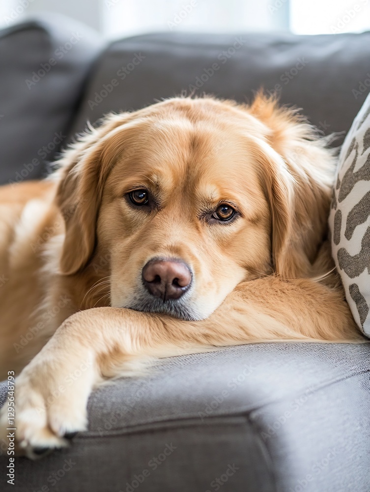 Poster Golden retriever resting on a cozy couch with a relaxed expression and loving gaze : Generative AI