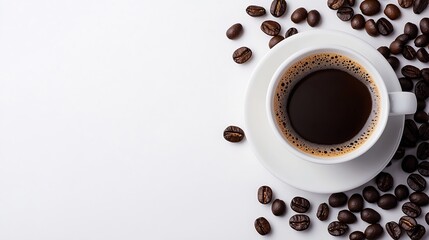 Closeup View of Freshly Brewed Coffee in a White Cup Surrounded by Roasted Coffee Beans : Generative AI