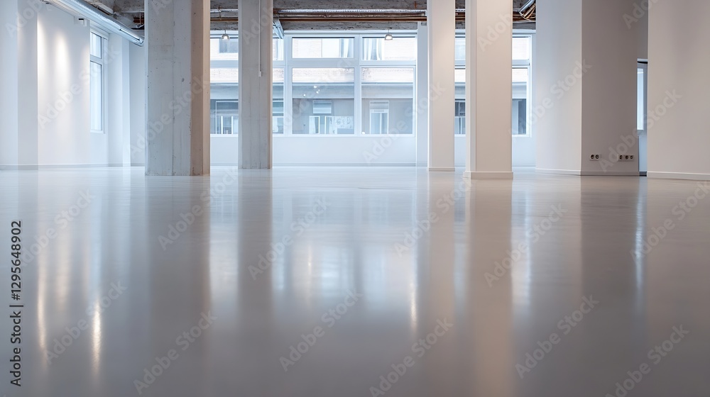 Poster a spacious and modern empty interior showcasing polished flooring and natural light streaming in : g