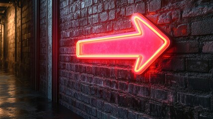 Red neon arrow sign on a brick wall in a dark alleyway.