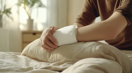 A person with an elbow injury applying a cold pack in a minimalist bedroom. Featuring recovery and relief