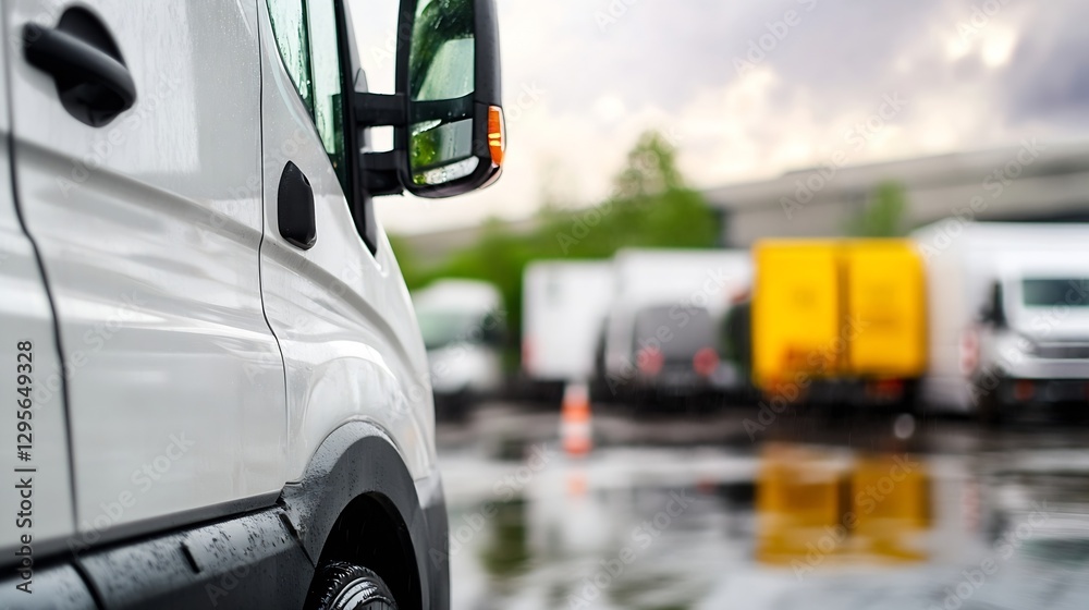 Aufkleber close up view of a white delivery van in a parking lot with blurred vehicles in the background : gen
