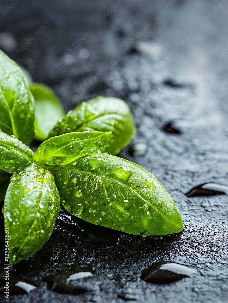 Poster vibrant basil leaves glistening with droplets resting on a dark surface : generative ai