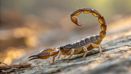 Deadly Desert Hunter: A detailed macro shot captures a formidable scorpion, showcasing its armored body, menacing pincers, and curled stinger in a dramatic, sun-drenched scene.
