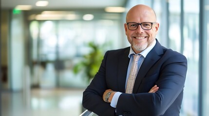 Fototapeta premium Confident businessman smiles in modern office environment with arms crossed and positive energy : Generative AI