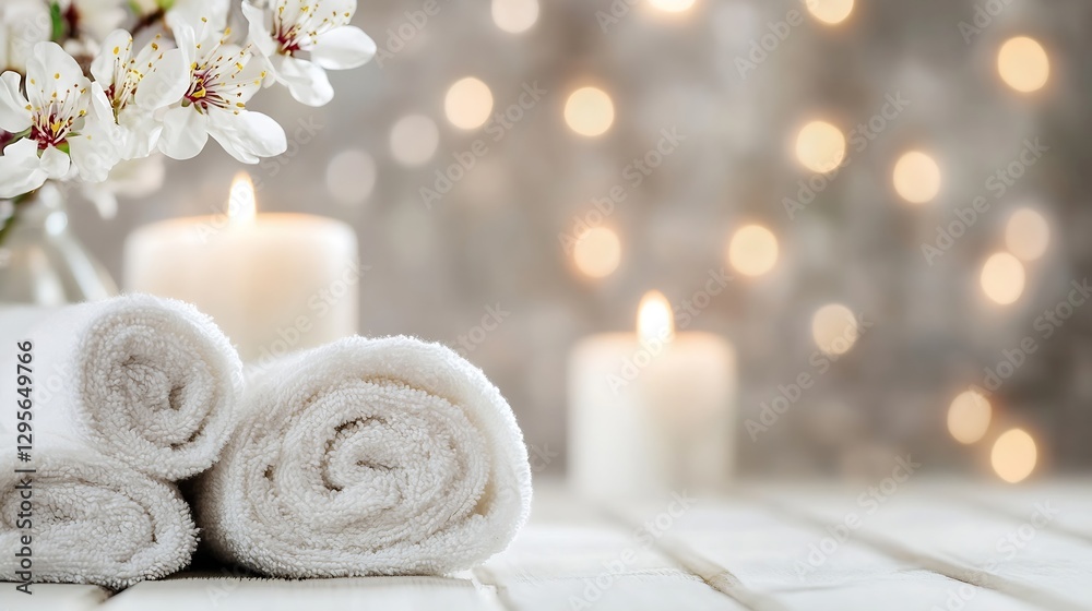 Poster Peaceful spa setting with soft towels candles and delicate flowers for relaxation : Generative AI