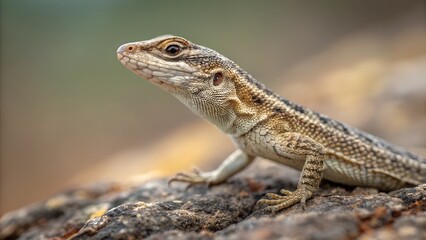 Naklejka premium Alert Lizard on Rock: A detailed image of a vigilant lizard perched on a rugged rock, capturing the unique texture of its skin and the intensity of its gaze. 