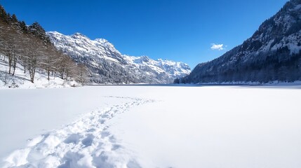 Tranquil Winter Scene of Snow Covered Lake Surrounded by Majestic Mountains Under Bright Blue Sky : Generative AI