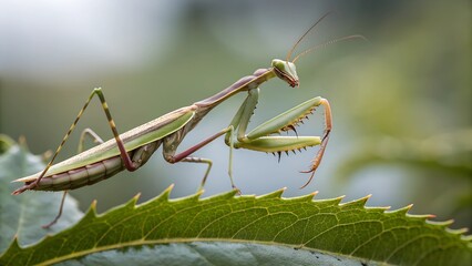Praying Mantis on Leaf: A captivating macro shot of a praying mantis poised on a vibrant green leaf, showcasing intricate details and the beauty of the insect world.
